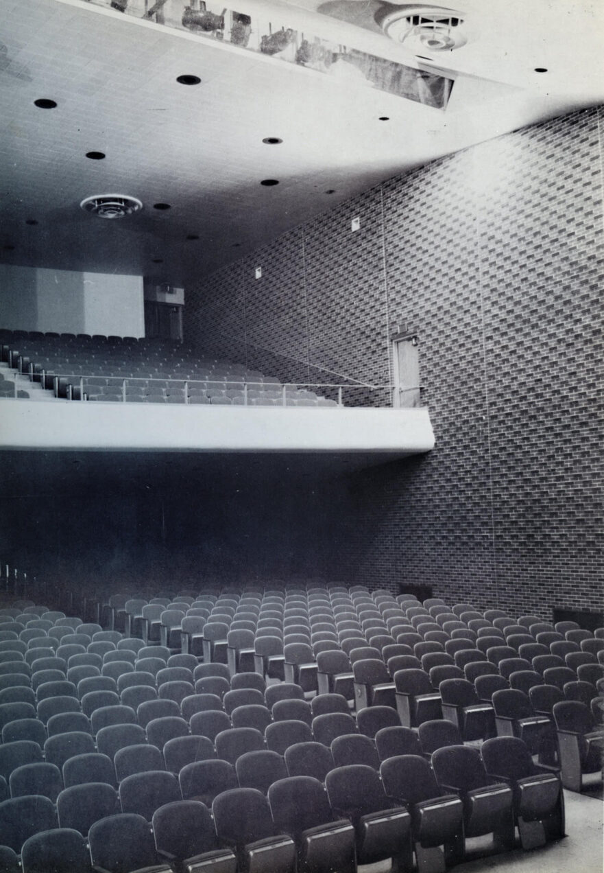 Auditorium view of seating including balcony, constructed during the Phase II construction, 1965. Located in center back of building.