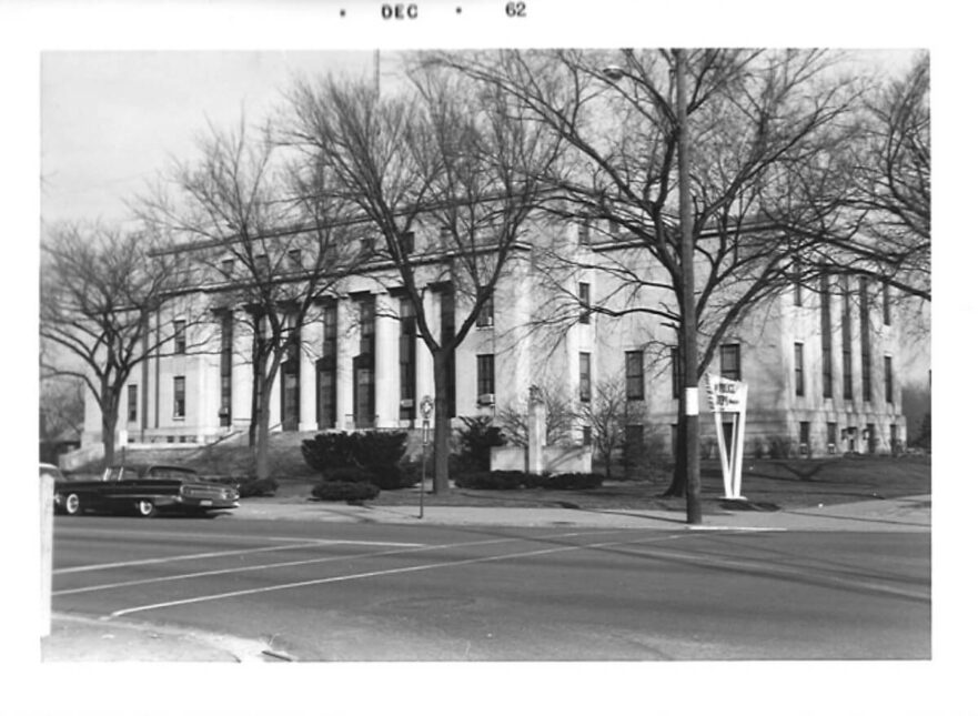 The south and west façade of City Hall, note the cannon Iannelli located on front of the southwest corner has been replaced with a War Memorial, circa 1962.