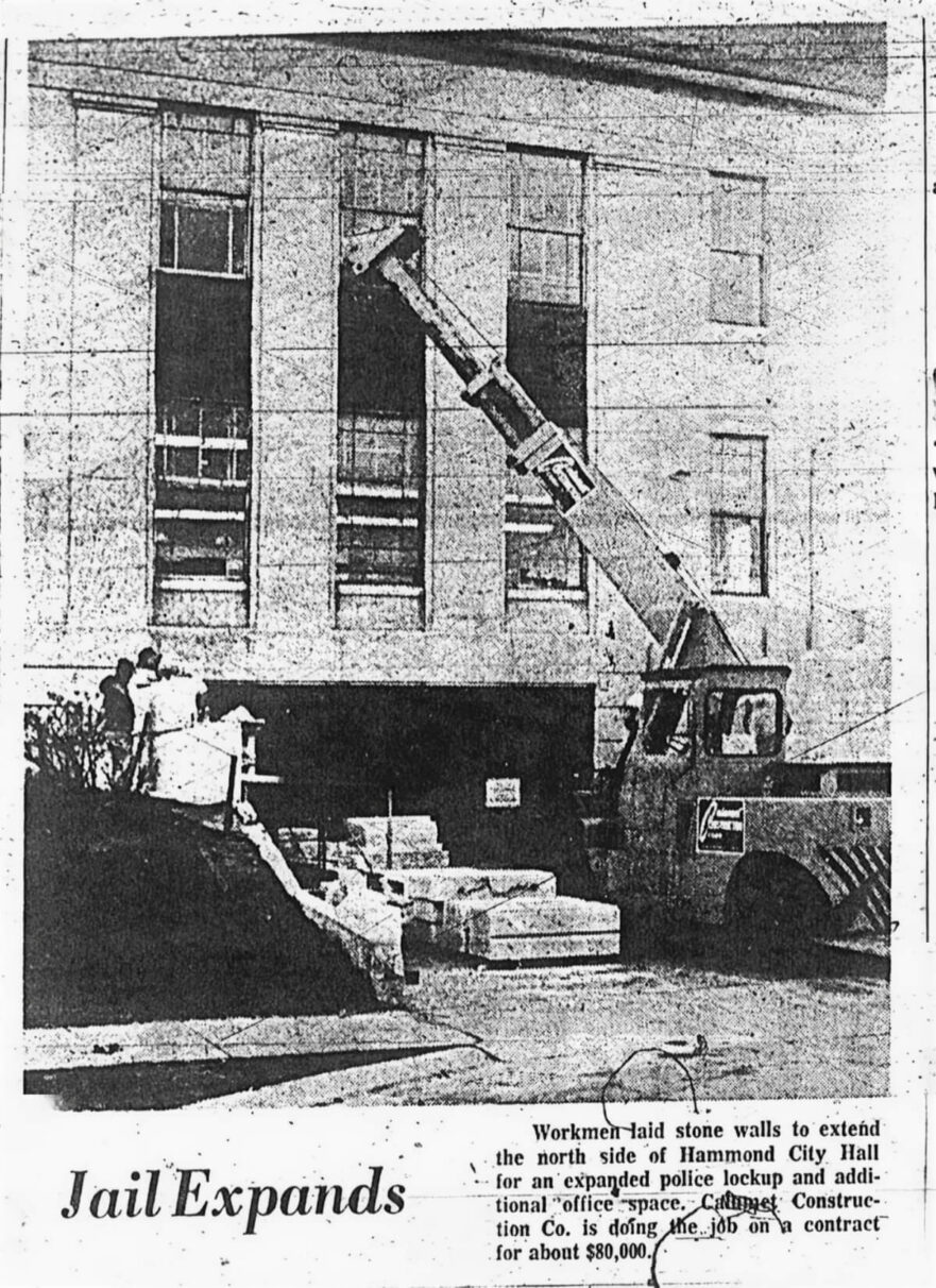 Workmen laid stone walls to extend the north side of Hammond City Hall for an expanded police lockup and additional office space, circa 1968.