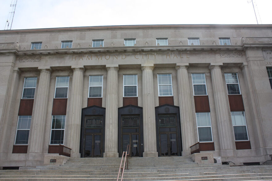 Hammond City Hall west façade, note the large bronze door frames that once housed Iannelli’s bronze doors, circa 2022.