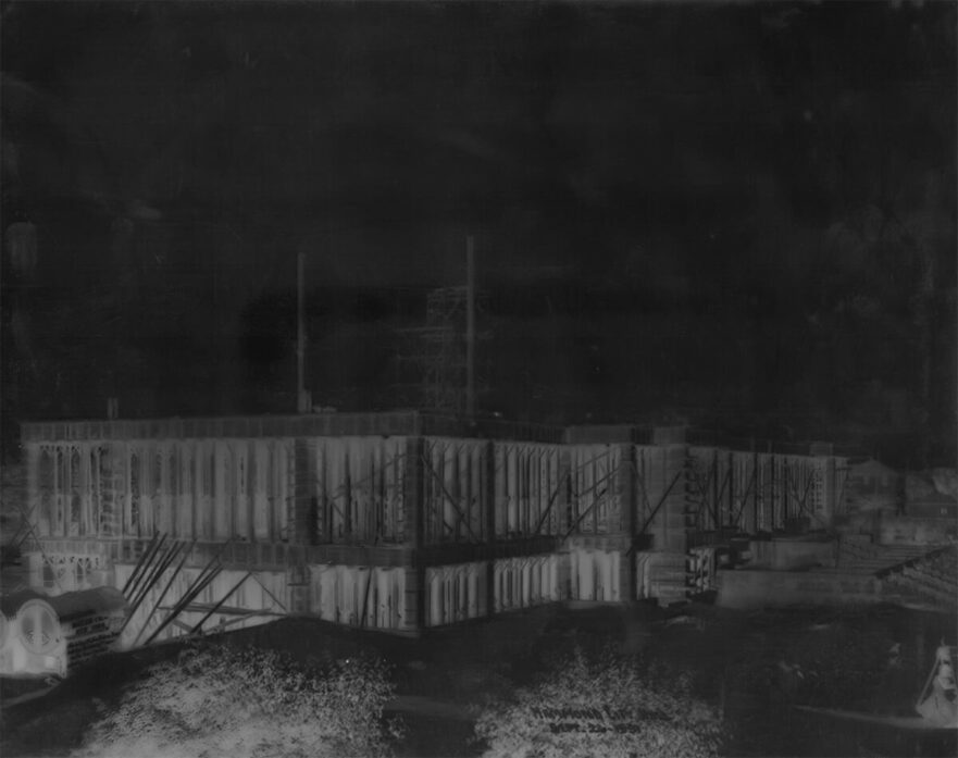 Negative image of ground and first floor exterior construction, September 26, 1931.