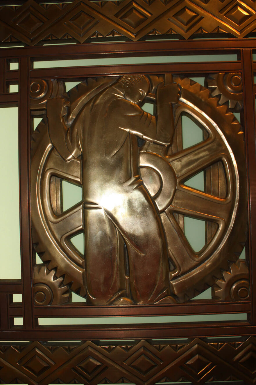 A center panel on one of the original Iannelli bronze doors that once hung on the main entrance to Hammond City Hall, now on permanent loan to Purdue University Northwest.